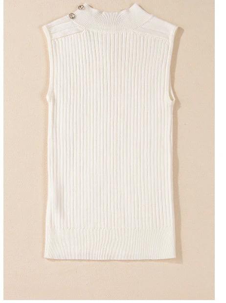 White Ribbed Knit High Neck Sweater Vest by GJG Denim