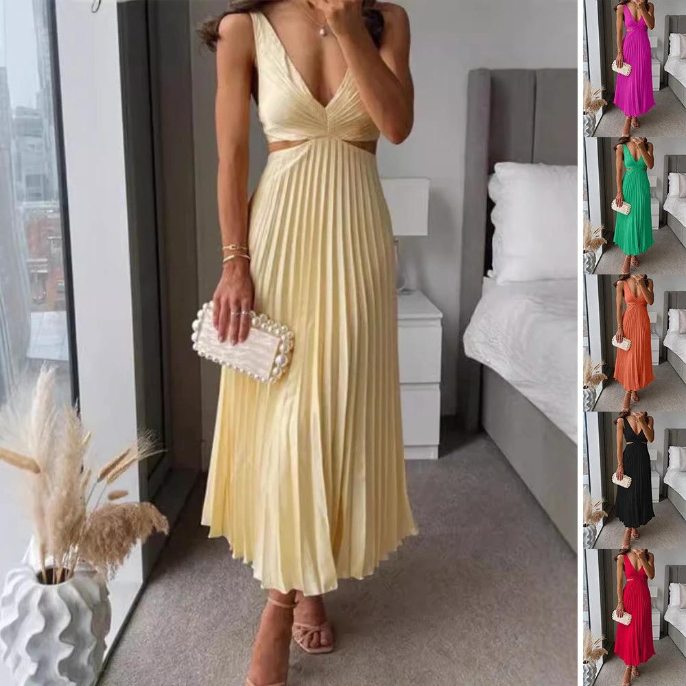 Ins Suspender Pleated Long Dress With Hollow-waisted Design Fashion V-neck Backless Dresses Summer Women's Clothing by GJG Denim