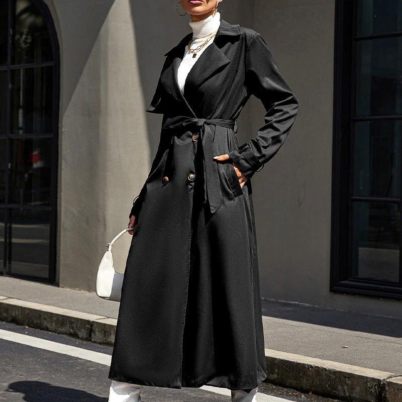 Mid-length High-grade Large Lapel Temperament Commute Lace-up Waist-controlled Black Coat by GJG Denim