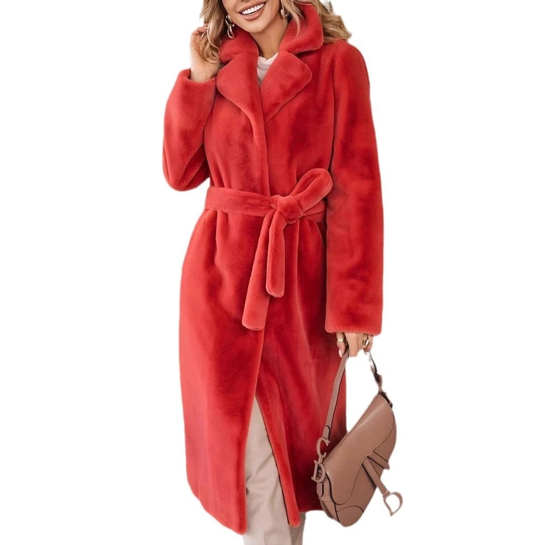 Women's Fashionable Elegant Lace-up Turn-down Collar Plush Long Coat by GJG Denim