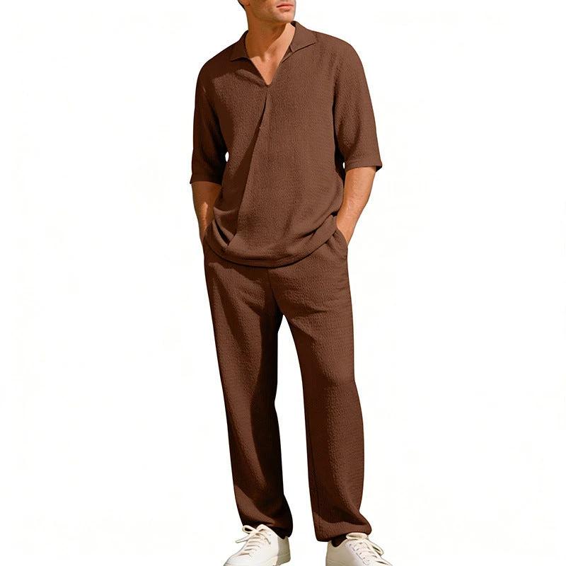 Men's Lapel Short Sleeve Shirt And Pants Suit by GJG Denim