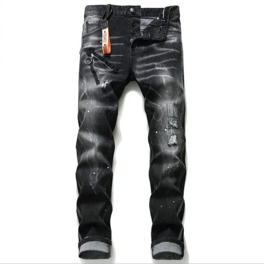 Men's Black And Gray Paint Hole Zipper Decorations Jeans by GJG Denim
