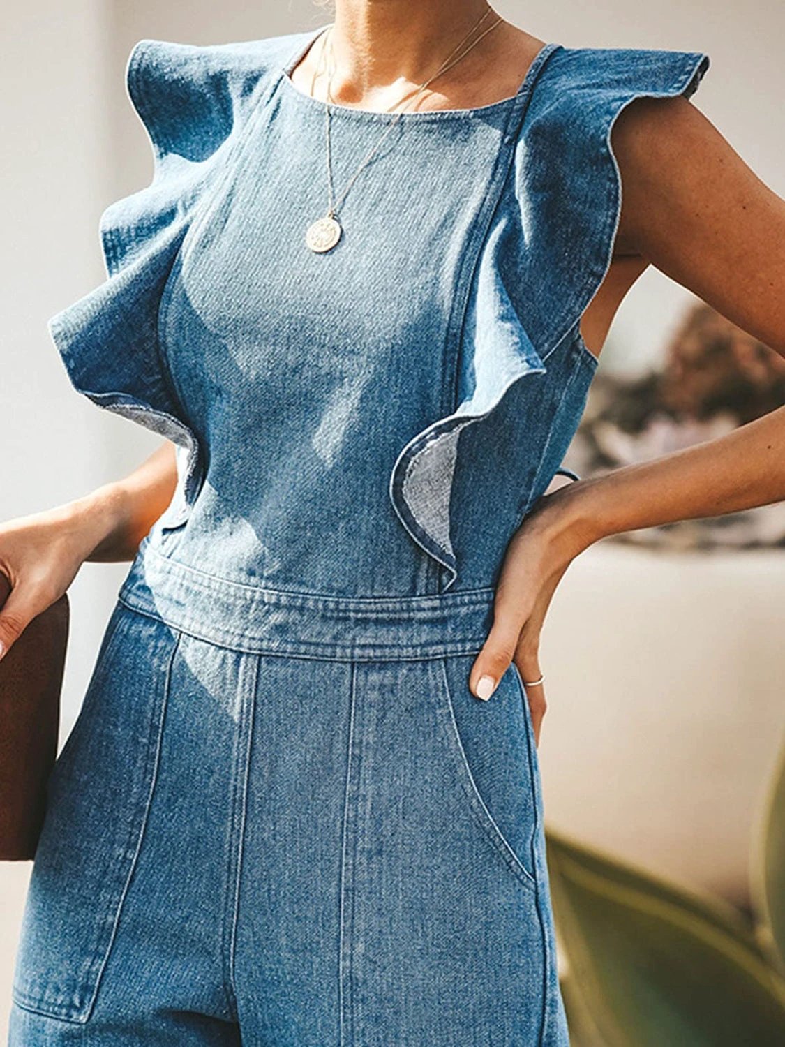 Ruffled Backless Sleeveless Denim Jumpsuit by Lady Ros