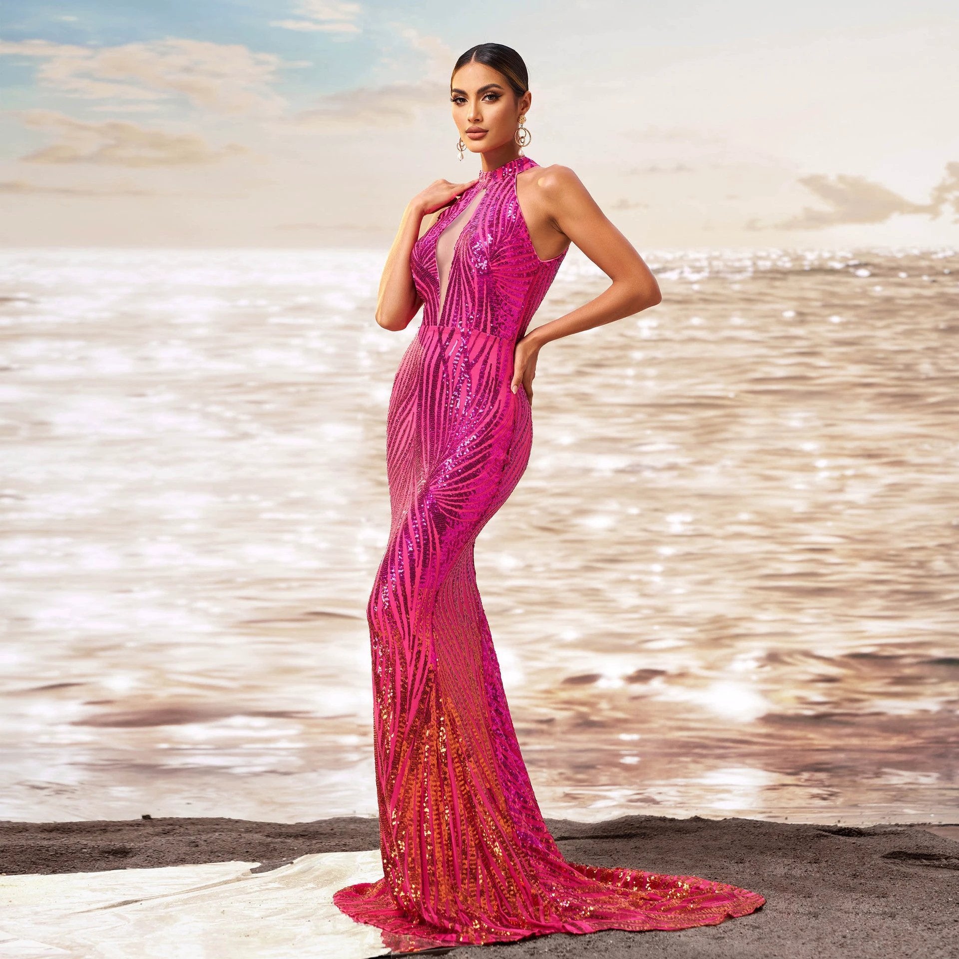 Round Neck Off-the-shoulder Slim-fit Sheath Sequined Banquet Fishtail Evening Dress by GJG Denim