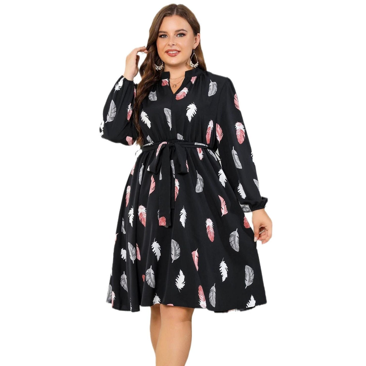 Printed Long Sleeve Waist-tight European And American Plus Size Dress by GJG Denim