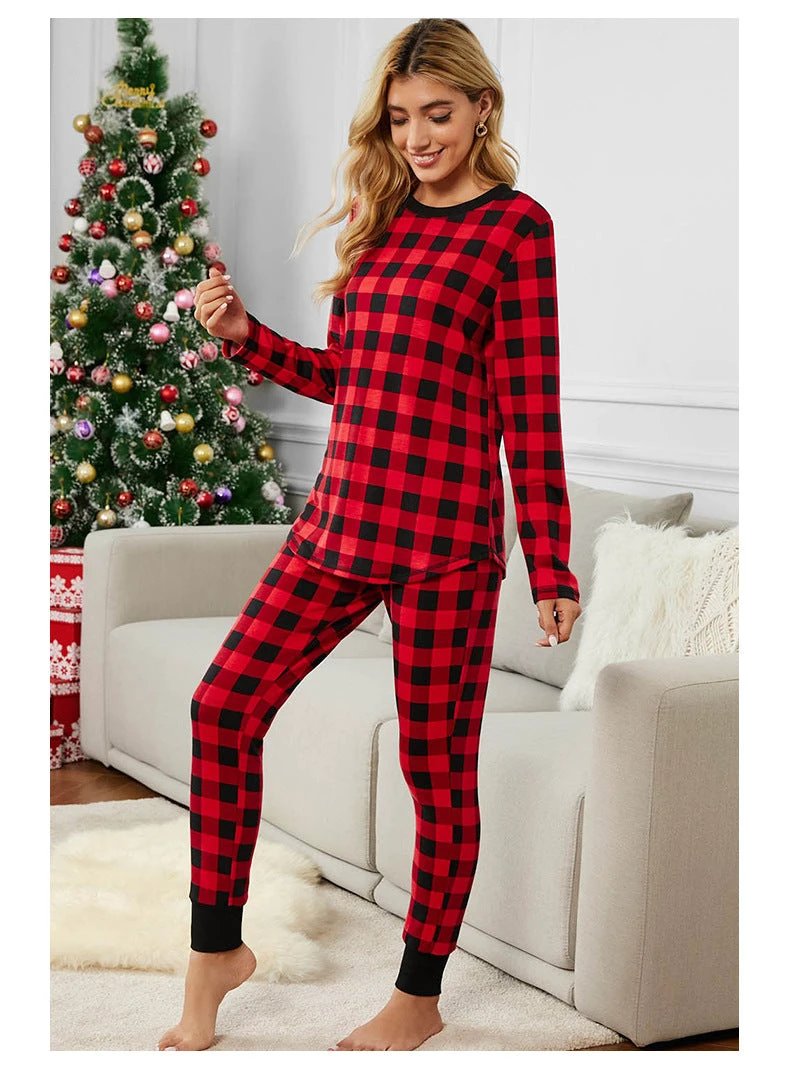 Christmas Long-sleeved Trousers Loungewear Suit Plaid Contrast Color Home Pajamas For Women by GJG Denim
