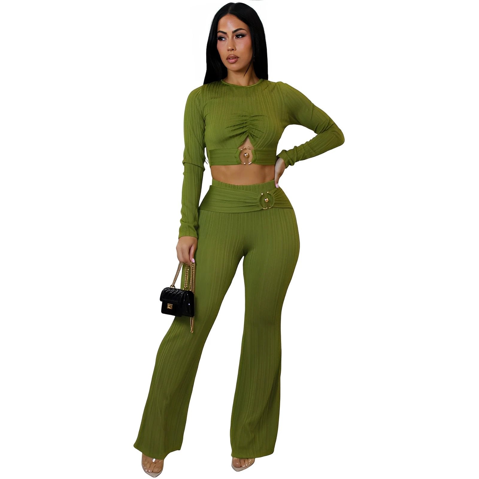Women's Slim-fit Sexy Hollow-out Top And Flared Pants Two-piece Set by GJG Denim
