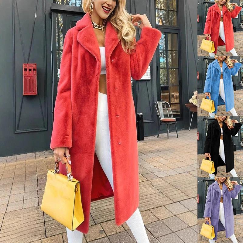 Women's Fashionable Elegant Lace-up Turn-down Collar Plush Long Coat by GJG Denim