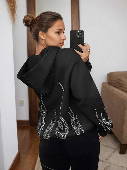 2025 New Women's Jacket With Zipper Closure, Hooded Neck, Flame Printed Sleeves, Essential Women's Coat For Autumn And Winter by GJG Denim