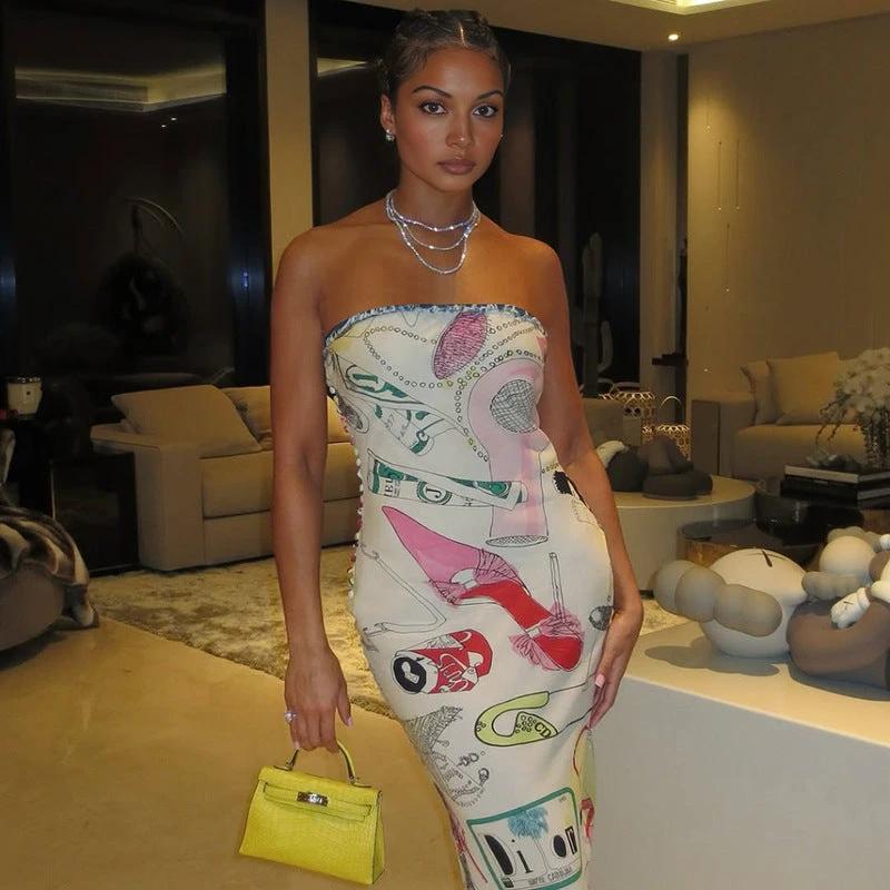 Abstract Personality Printed Sleeveless Strapless, Hip Hugging Jumpsuit Long Skirt by GJG Denim