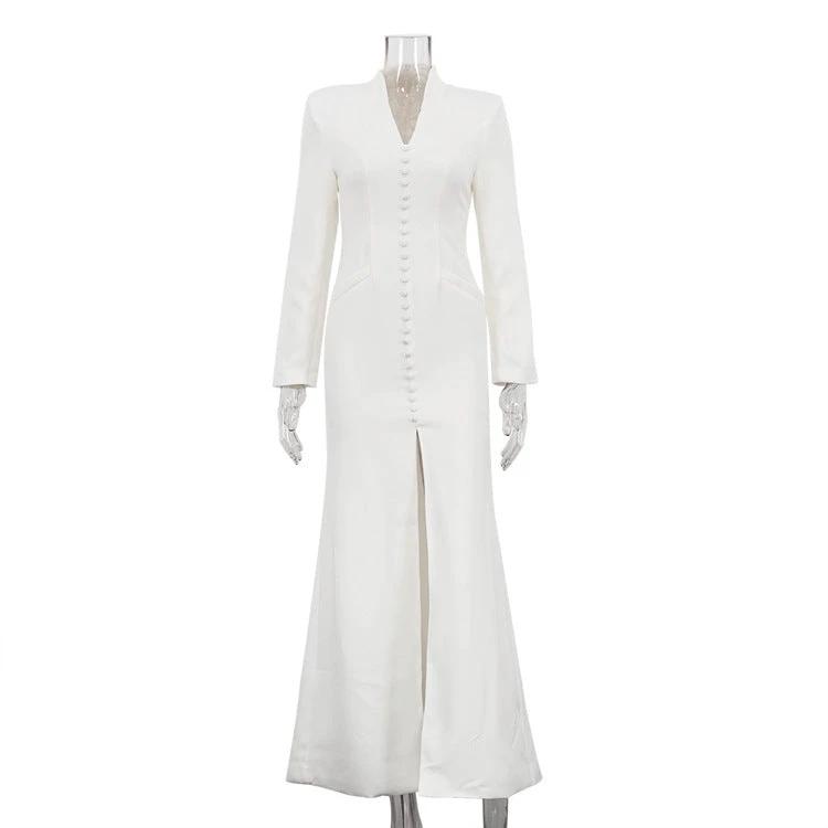 V-neck Long Sleeve High Waist Slit French Dress by GJG Denim