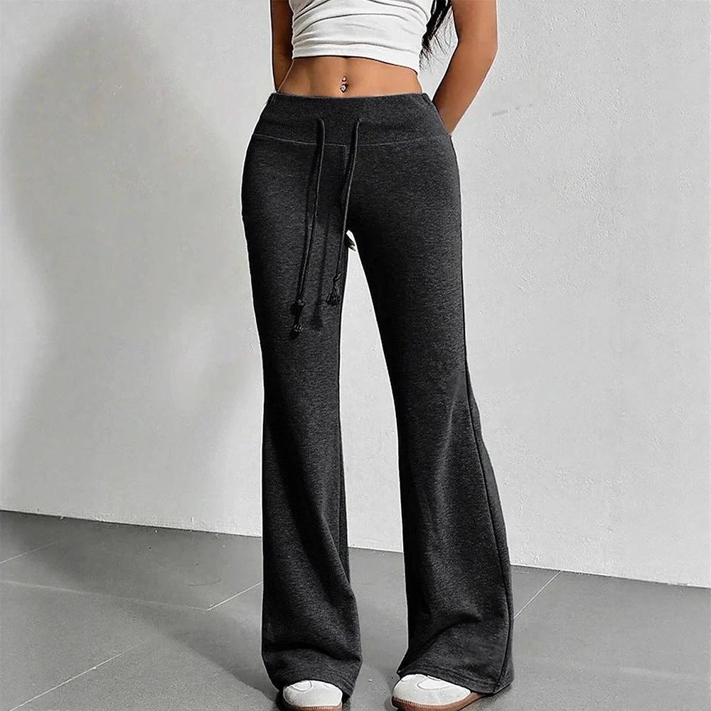 Women's Solid Color Spring High Waist Drawstring Straight Loose Casual Pants by GJG Denim