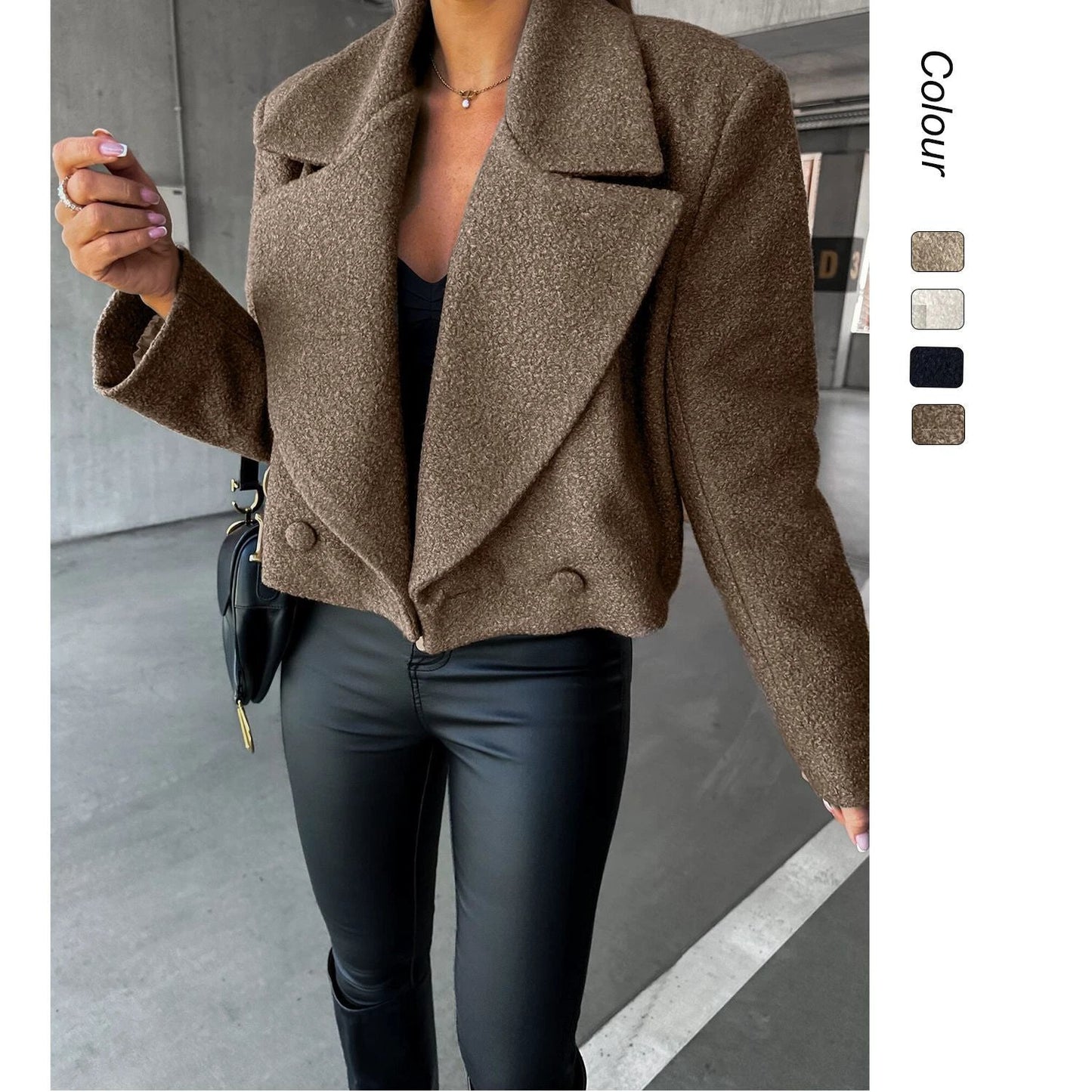 Trendy Woolen Cropped Oversized Coat With A Stand-up Collar In A Solid Color by GJG Denim