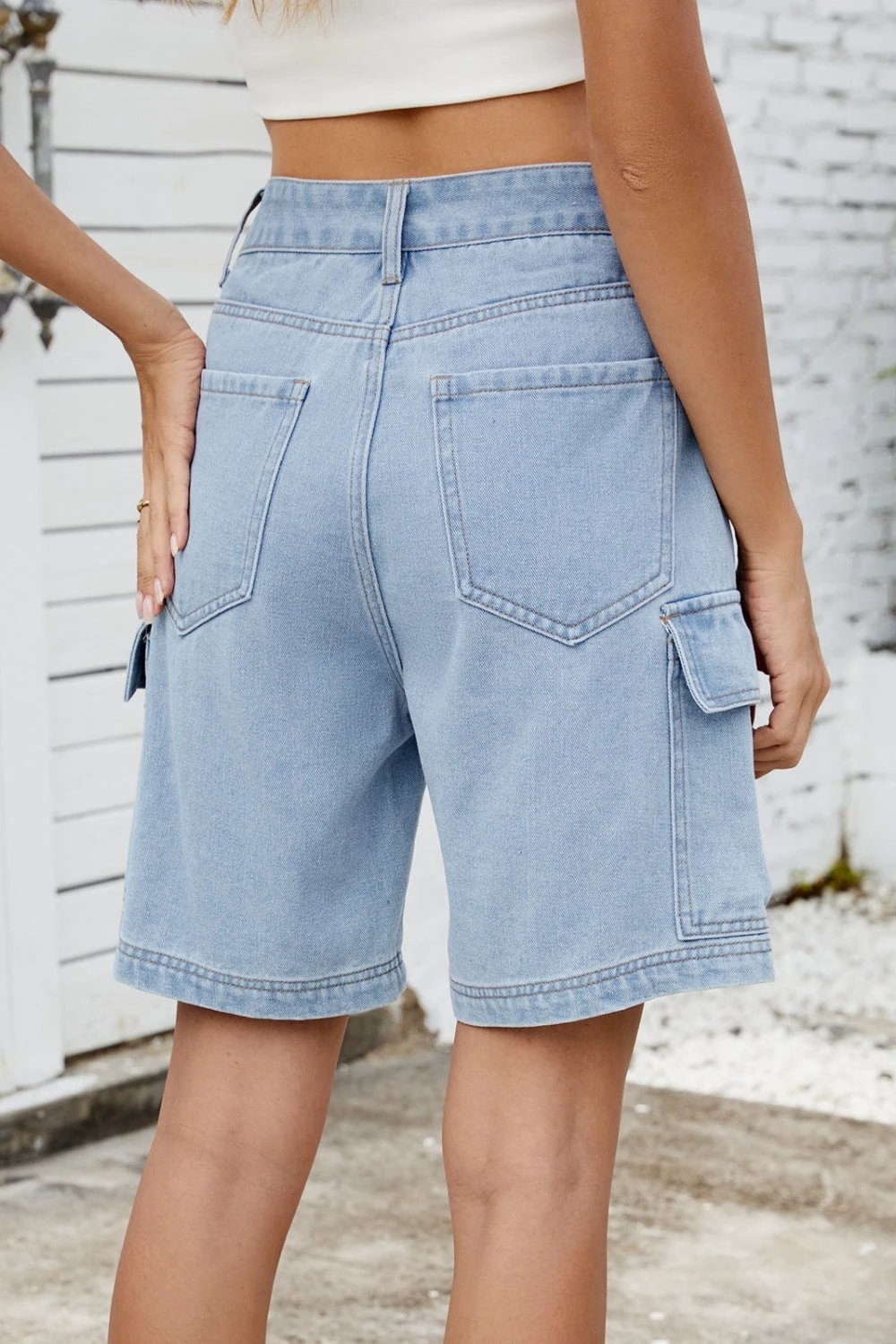 High Rise Denim Shorts with Cargo Pockets by Lady Ros