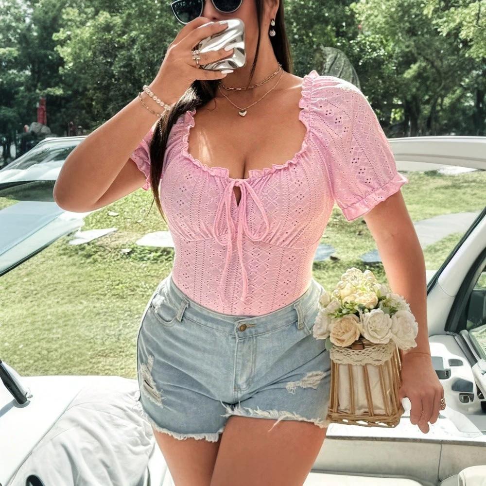 Plus Size Sweet Square Collar Slimming Slim And Sexy Short Sleeve Top by GJG Denim