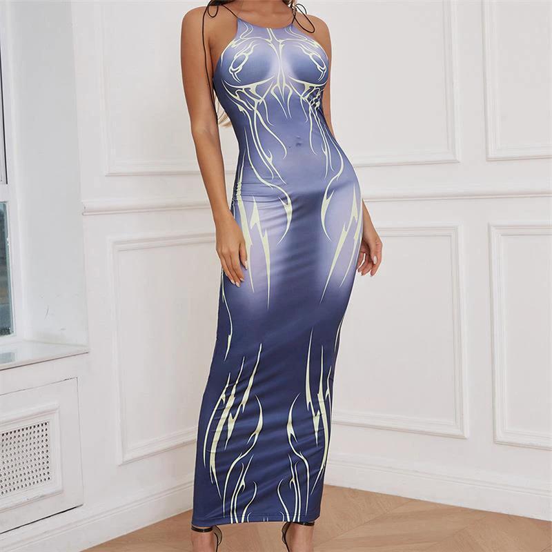 Temperament Commuter Strap Print Slim Fit Wrap Hip Dress by GJG Denim
