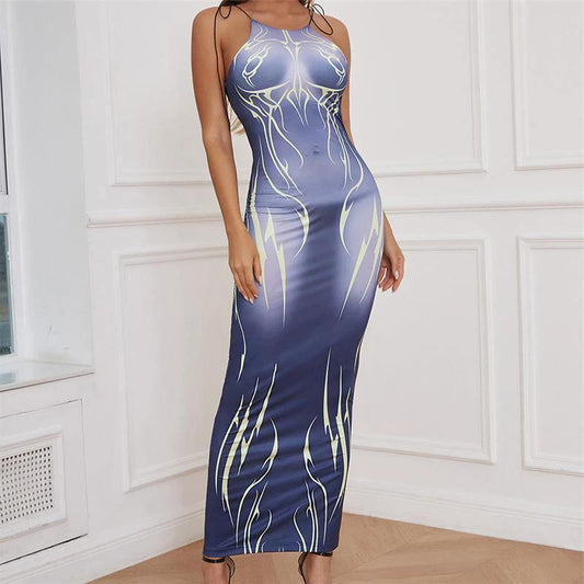 Temperament Commuter Strap Print Slim Fit Wrap Hip Dress by GJG Denim
