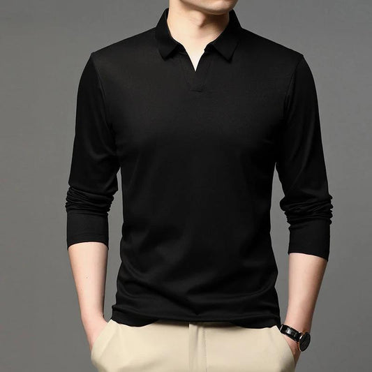 Men's Solid Color Casual Cotton Lapel Long Sleeve Shirt by GJG Denim