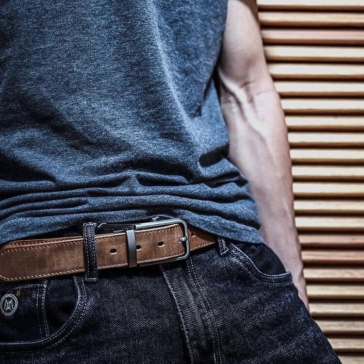 Men's Vintage Genuine Leather Belt With Pin Buckle by GJG Denim