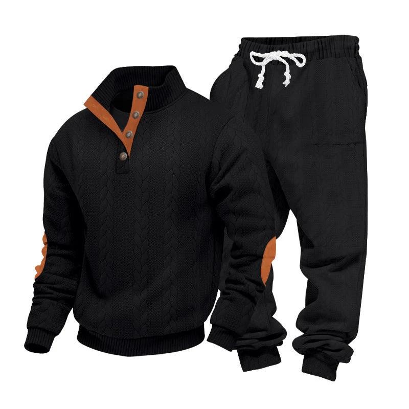 Men's Loose Stand Collar Henley Sweatshirt Casual Pants Set by GJG Denim