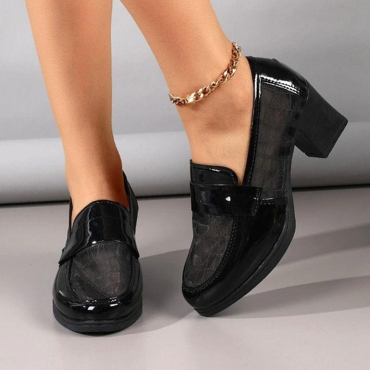 2026 Summer Women's Mesh Breathable High Heels, Hollow Soft Leather Pumps, Mid-Heel Chunky Heel Office Shoes With Soft Sole by GJG Denim