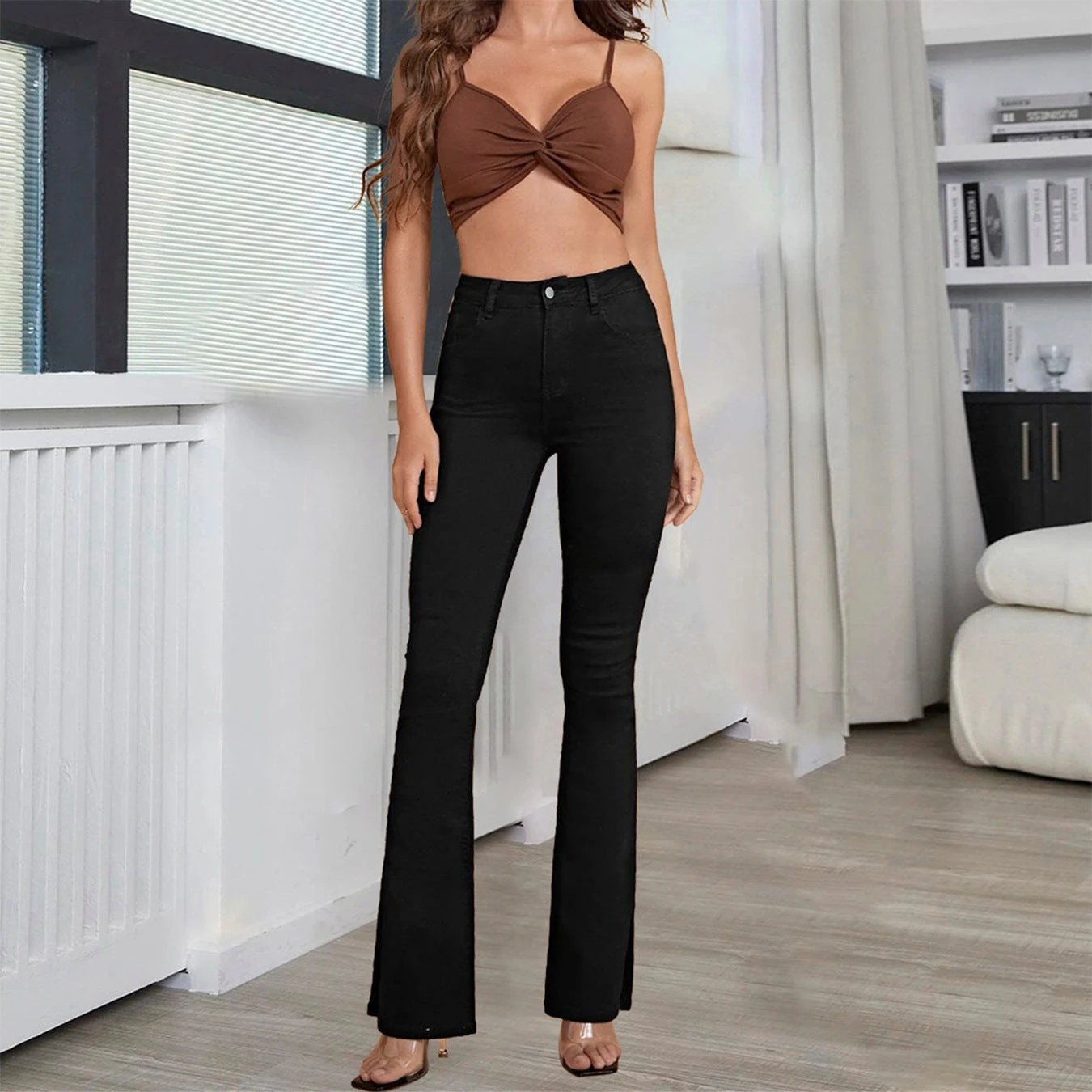 High Elastic Highwaisted Black And White Flared Pants That Slim The Figure by GJG Denim