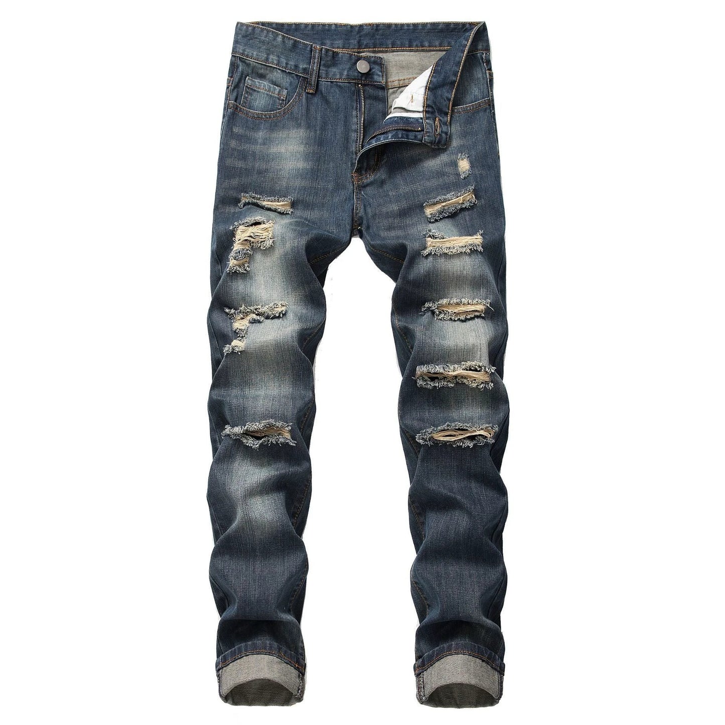 Men's Ripped Straight Slim Fit Non-stretch Jeans by GJG Denim