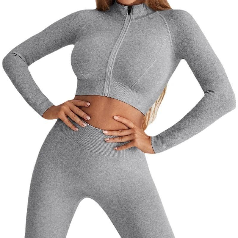 Seamless Yoga Clothes Zipper Tight Long Sleeve High Top Sports Workout Clothes Suit by GJG Denim