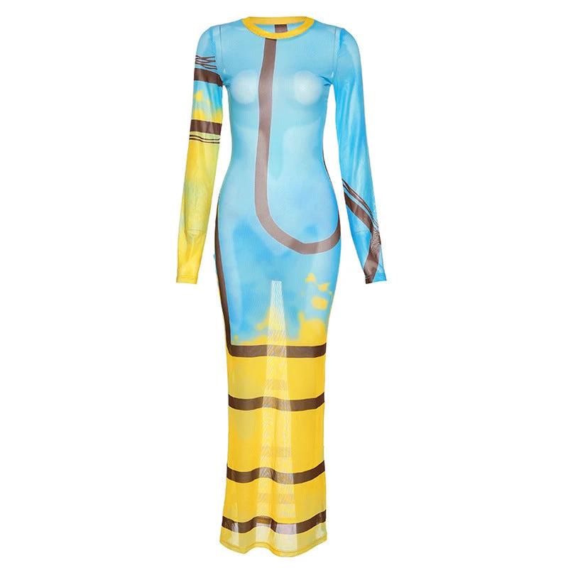 Mesh Stripe Print Perspective Slim Fit Wrap Hip Dress by GJG Denim