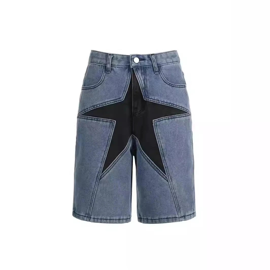 Trendy Loose Contrast Color Five-pointed Star Shorts by GJG Denim