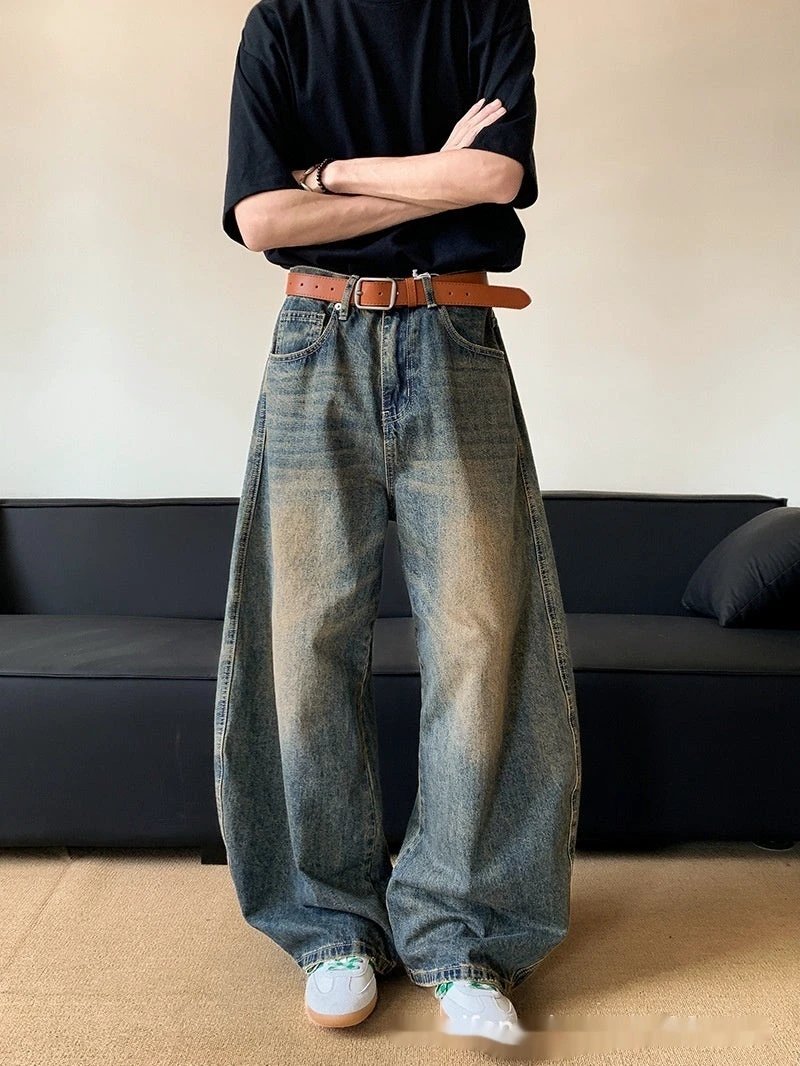 Men's Retro Distressed Machete Denim Slimming Wide-leg Jeans by GJG Denim
