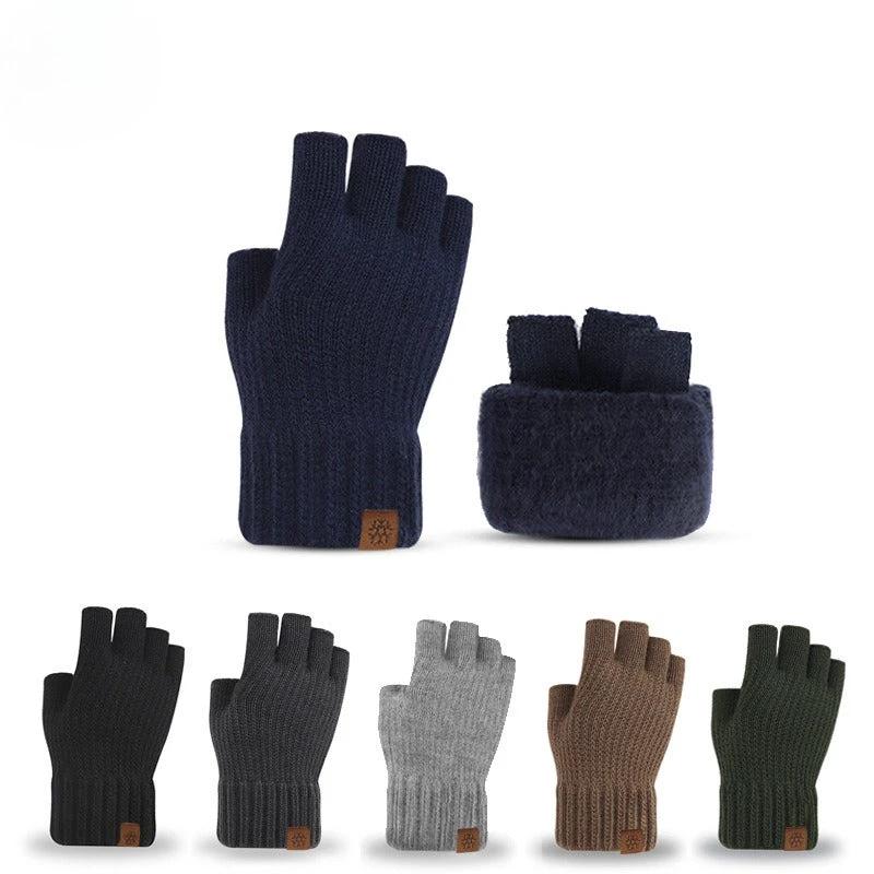 Men's Outdoor Knitted Thermal Fleece-Lined Half-Finger Gloves by GJG Denim