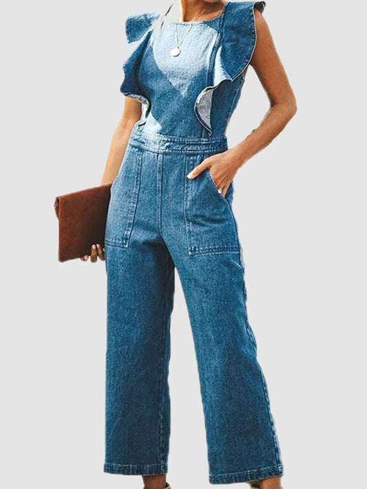 Ruffled Backless Sleeveless Denim Jumpsuit by Lady Ros