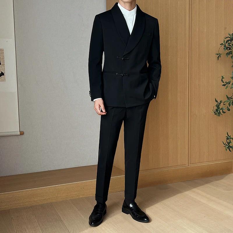Men's Retro Solid Color Collar Two-piece Suit by GJG Denim