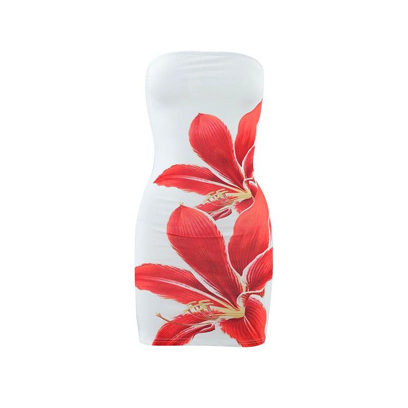 Women's Tube Top Flower Print Slim Sheath Short Dress by GJG Denim