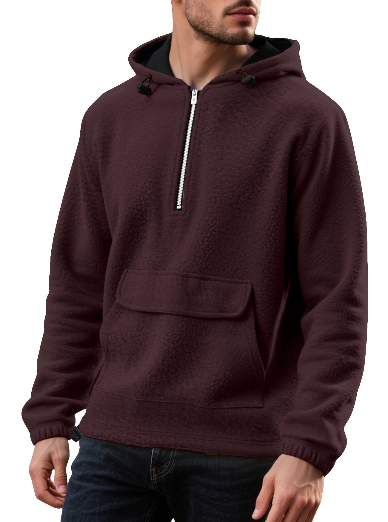 Men's Padded Fleece Solid Color Half Zip Hooded Pullover Sweater by GJG Denim