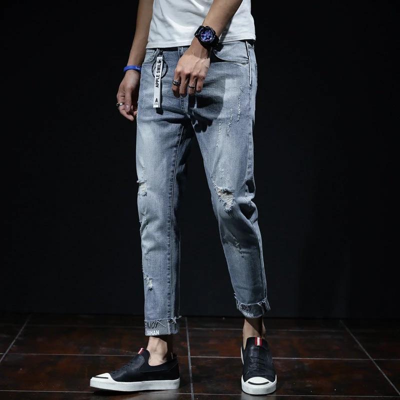 Men's Ripped Elastic Slim Straight Leg Jeans by GJG Denim