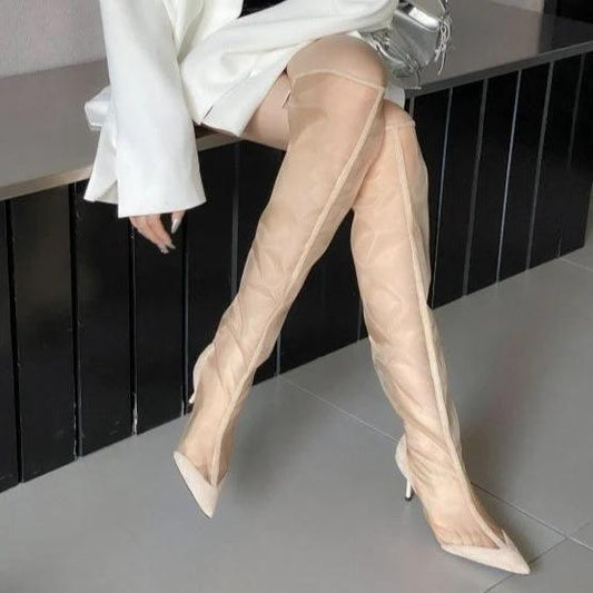 Fashion Pointed Transparent Mesh High Leg Boot Back Zipper Breathable Stiletto Heel Sandal Boots by GJG Denim