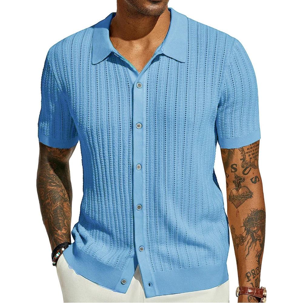 Summer Cool Knitted Men's Shirt Short Sleeved Lapel Solid Color by GJG Denim