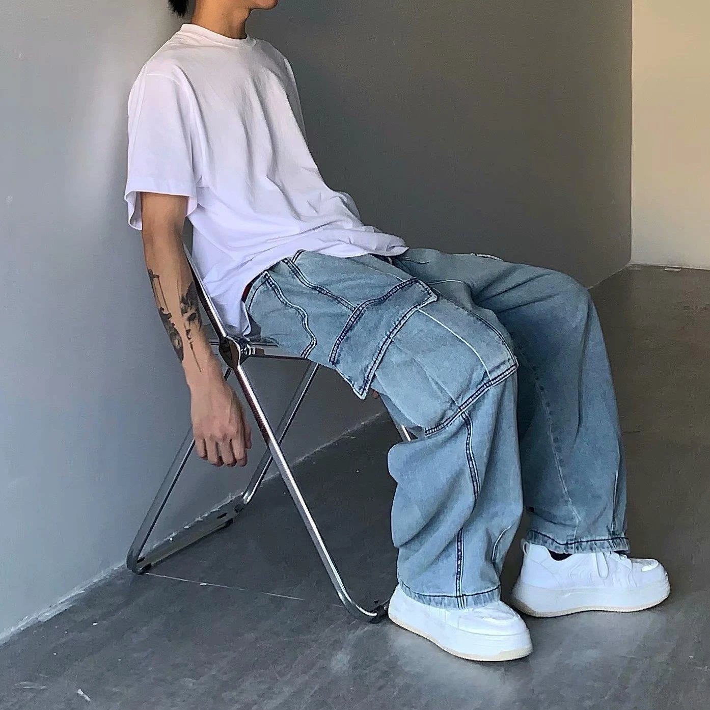 Men's Retro Drape Large Loose Cargo Jeans by GJG Denim