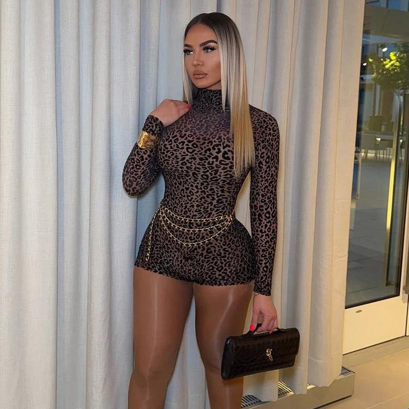 Half Turtleneck Leopard Print Slim Fit Slimming romper Women by GJG Denim