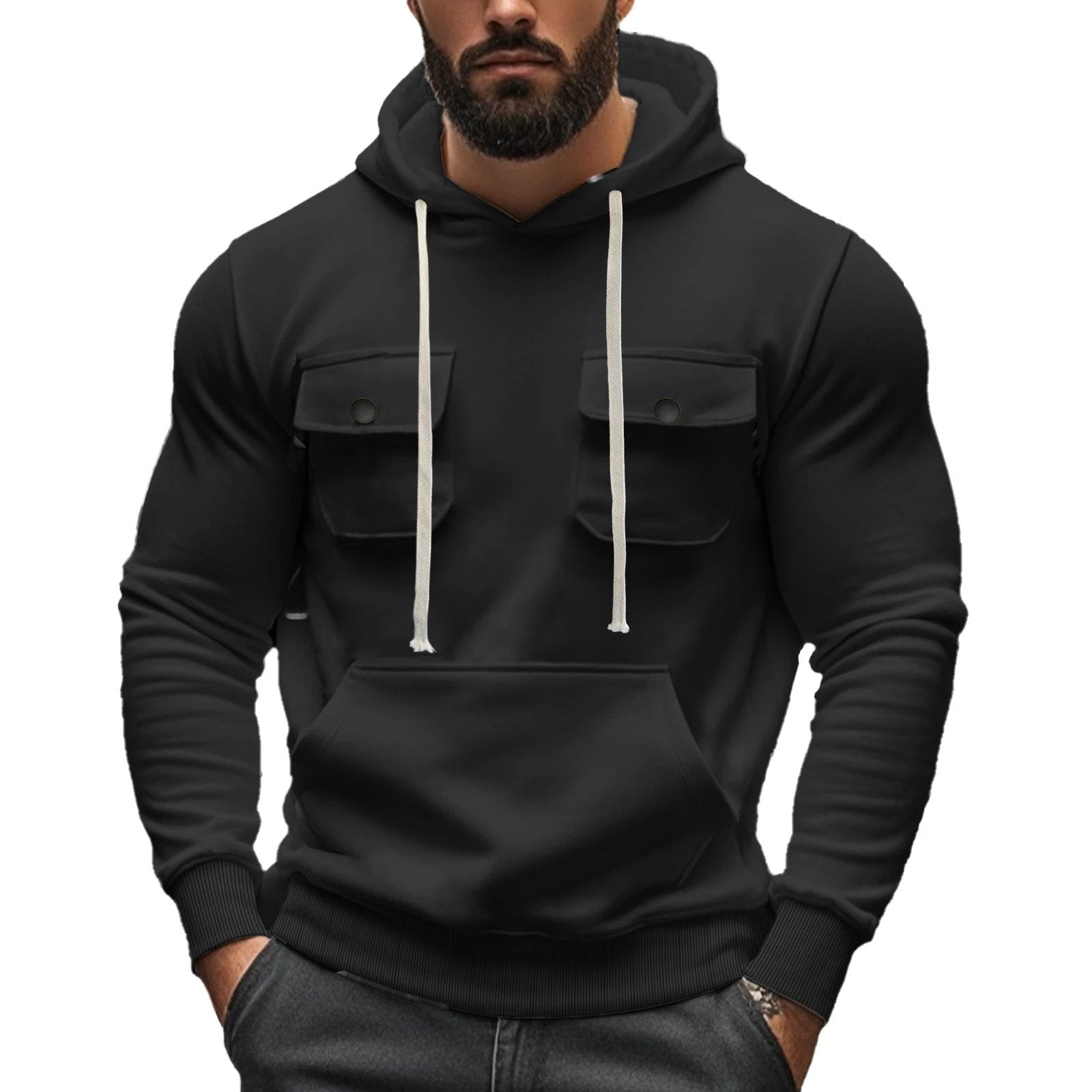 Men's Multi-pocket Long Sleeve Solid Color Hoodies by GJG Denim