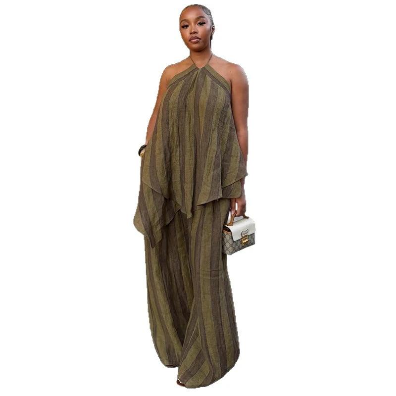 Neck-hanging Sleeveless Asymmetrical Top And Wide-leg Trousers Set by GJG Denim
