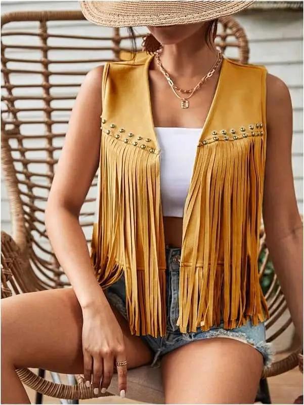 Womens Tassel Sleeveless Vest With Suede Tassels by GJG Denim