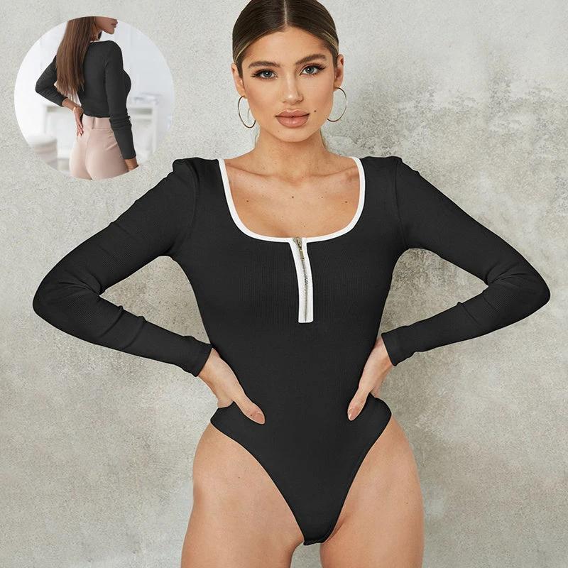 Tight Long Sleeve Jumpsuit Fashion Square Neck Zipper Thread Innner Corset Body Shaper Clothing For Dress Slim Sports Yoga Fitness body suit by GJG Denim