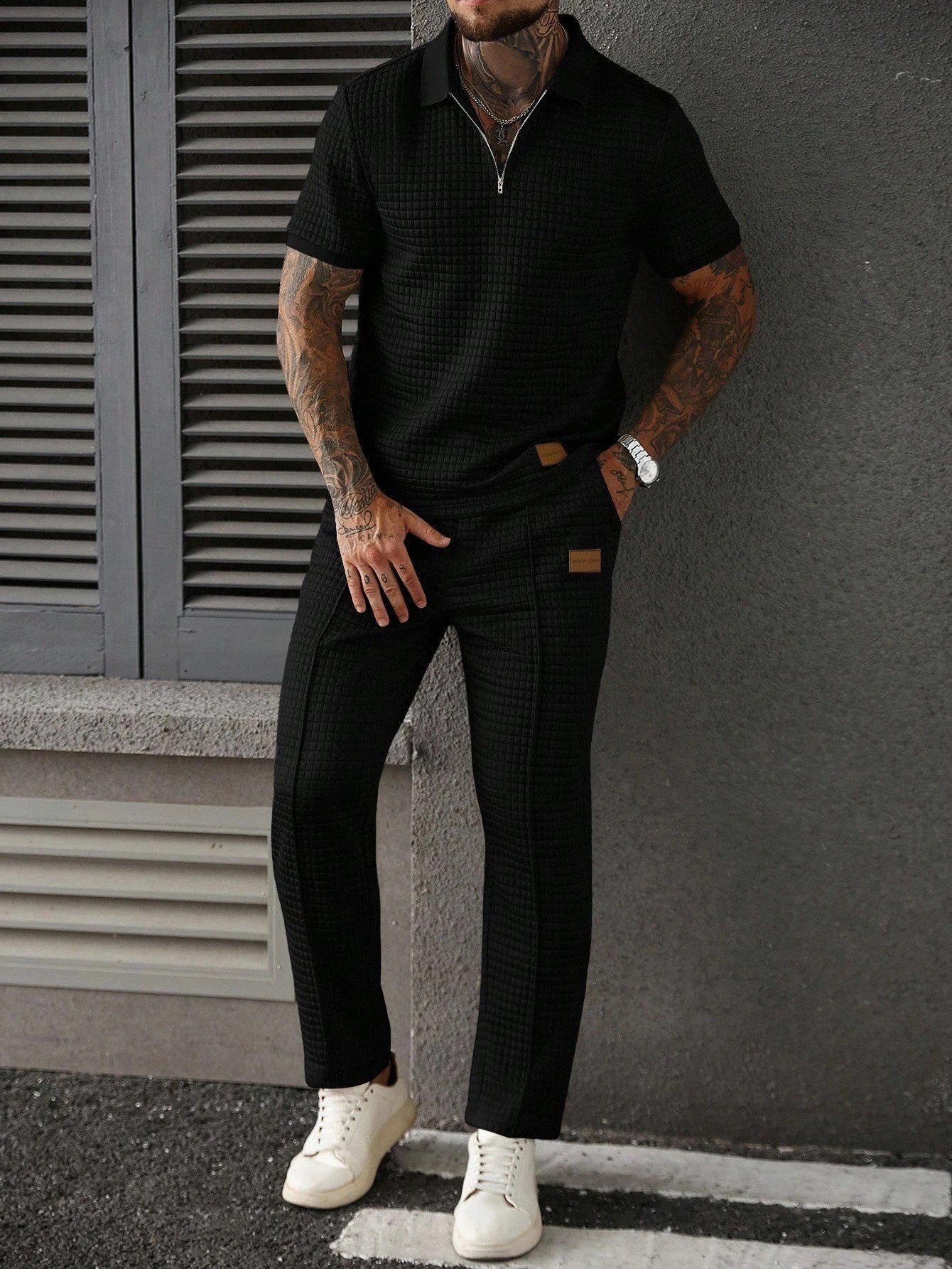 Casual Zip-Up Polo Shirt Top And Pants Two-Piece Set For Men by GJG Denim