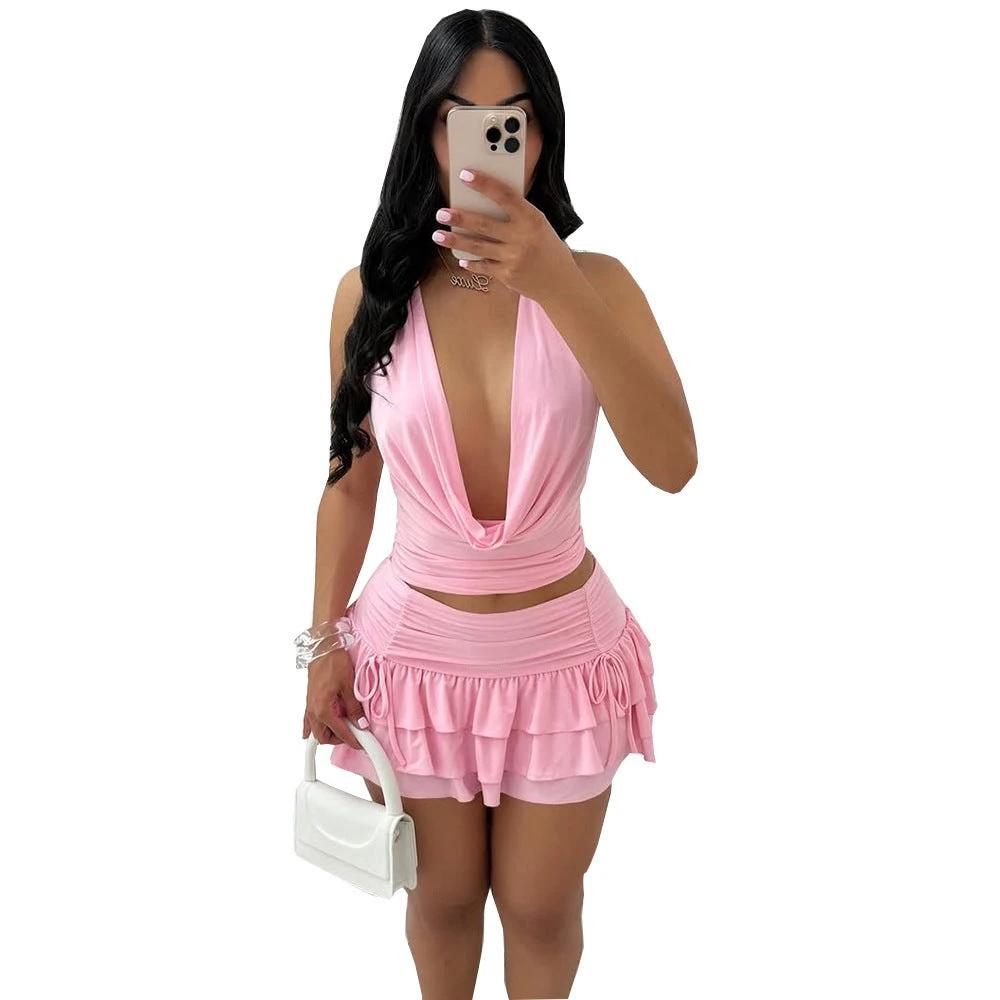 Women's Hollow Out Strap Top Cake Stretch Skirt Two-piece Set by GJG Denim