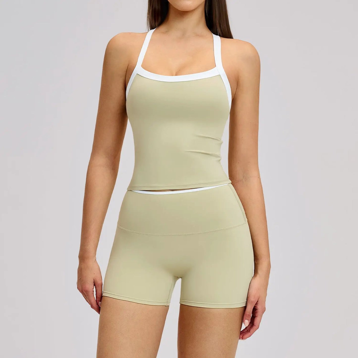 Nude-Feel Yoga Set Contrasting Colors, Crossed Back Design, Tight-Fitting Yoga Wear by GJG Denim