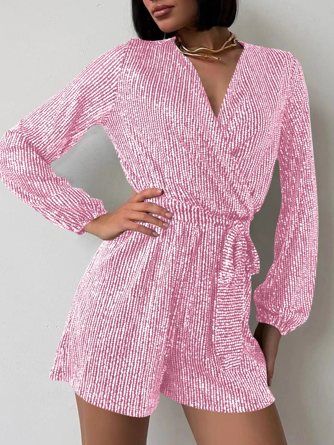 Full Size Sequin Surplice Tie Waist Long Sleeve Romper by Lady Ros