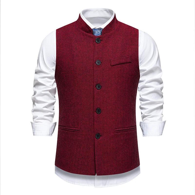Men's Retro Stand Collar Herringbone Solid Color Suit Vest by GJG Denim